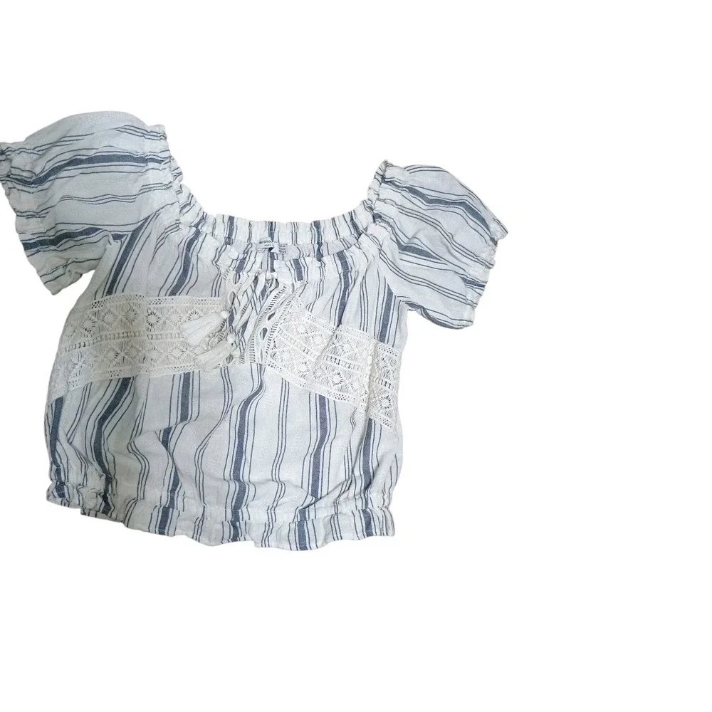 Bershka‎ BSK GIRLS Kids Med Cotton White Blue Striped Peasant Cropped Blouse
